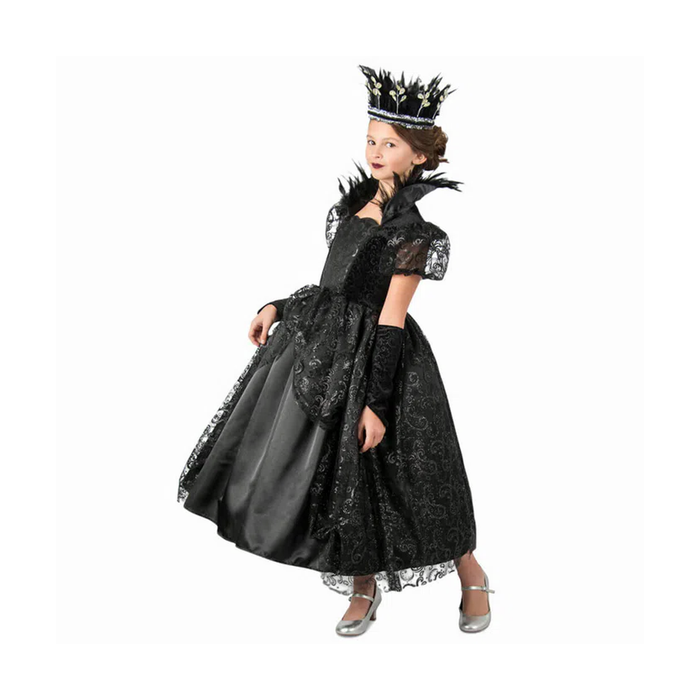 Disfraz de princesa de la noche para niña con vestido largo negro de encaje, corona negra y guantes largos