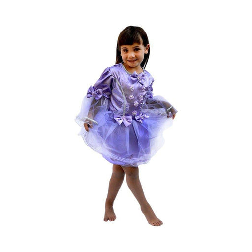 Disfraz de princesa morado para niña con falda de tul y lazos