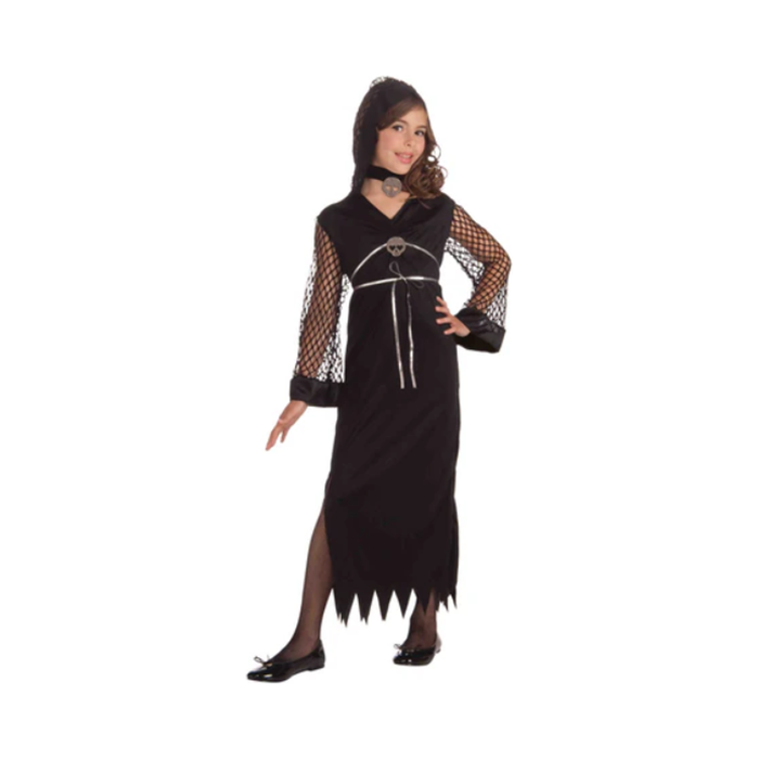 Disfraz de princesa de la oscuridad para niña, vestido negro con capucha, mangas de malla y cinturón plateado con calavera