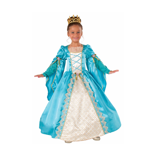 Niña con disfraz de princesa, vestido largo celeste y blanco con mangas amplias