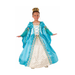 Niña con disfraz de princesa, vestido largo celeste y blanco con mangas amplias
