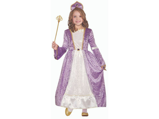 Disfraz de princesa Peyton para niña, vestido largo morado y blanco con ribete dorado y tocado morado