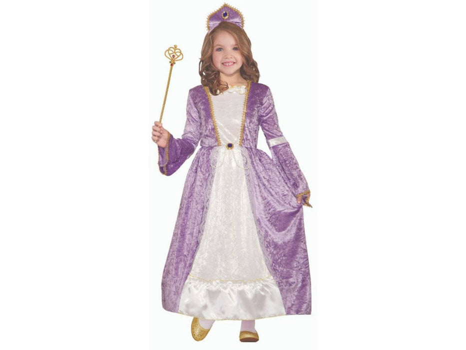 Disfraz de princesa Peyton para niña, vestido largo morado y blanco con ribete dorado y tocado morado