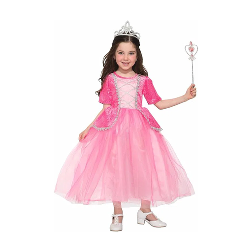 Niña con disfraz de princesa rosado y tiara