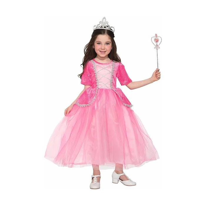 Niña con disfraz de princesa rosado y tiara