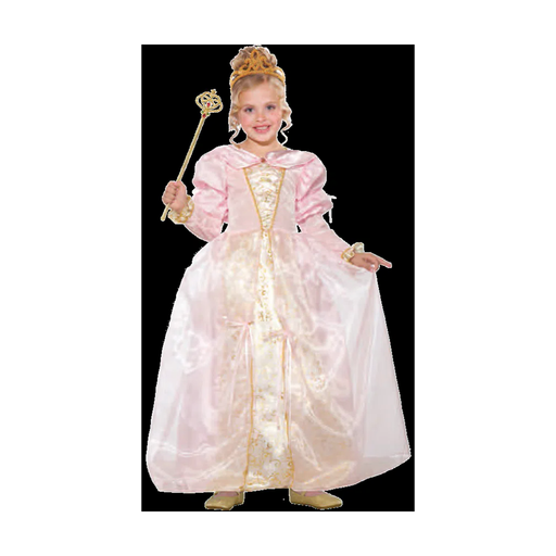 Disfraz de princesa para niña con vestido largo rosado de mangas abullonadas y ribetes dorados