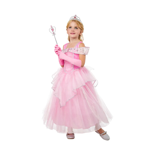 Niña con disfraz de princesa, vestido rosado pastel de tul, tiara y guantes
