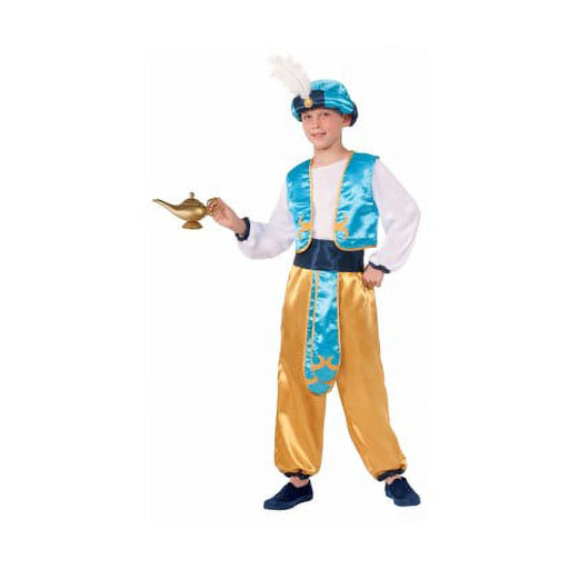 Niño con disfraz de príncipe árabe, turbante con pluma, chaleco turquesa y pantalón dorado
