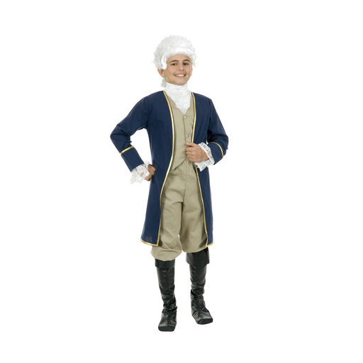 Disfraz de prócer colonial para niño con abrigo largo azul de ribetes dorados, chaleco beige y jabot