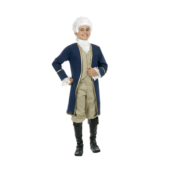 Disfraz de prócer colonial para niño con abrigo largo azul de ribetes dorados, chaleco beige y jabot