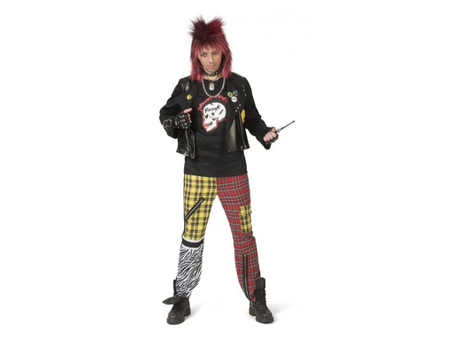 Disfraz de punk para hombre con chaqueta negra, polera con calavera y pantalón escocés rojo y amarillo