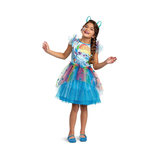 Disfraz Rainbow Dash de My Little Pony para niña, vestido celeste con falda de tul y cintillo con orejas