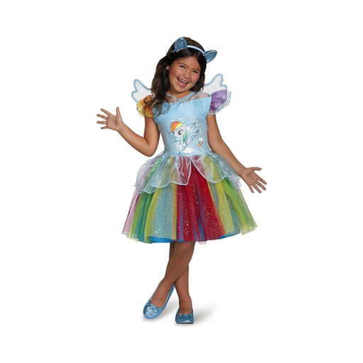 Disfraz Rainbow Dash tutú para niña, vestido celeste con tutú arcoíris, alas y cintillo