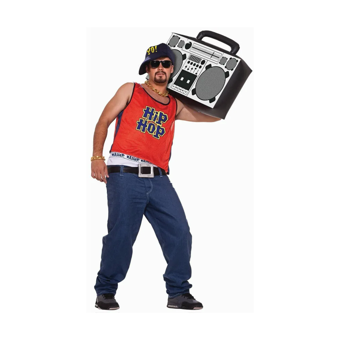 Disfraz de rapero de los 90 para hombre con gorro, polera roja Hip Hop y pantalón ancho azul