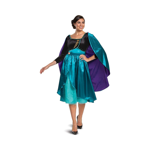 Disfraz de Reina Anna de Frozen para mujer, vestido turquesa con corpiño negro y capa morada y turquesa