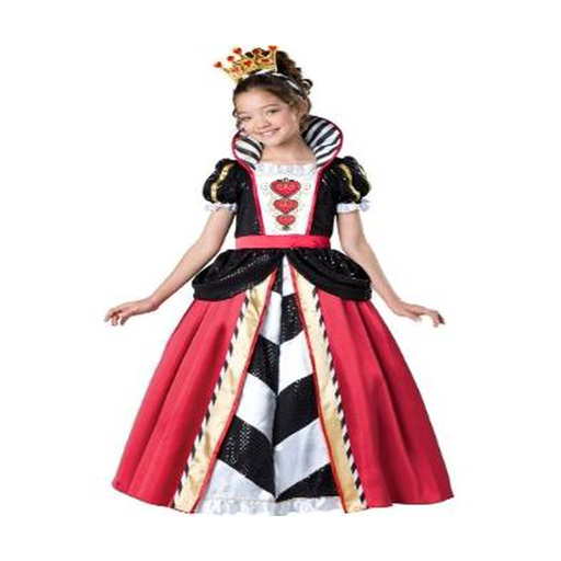 Niña con disfraz de Reina de Corazones con vestido largo y corona