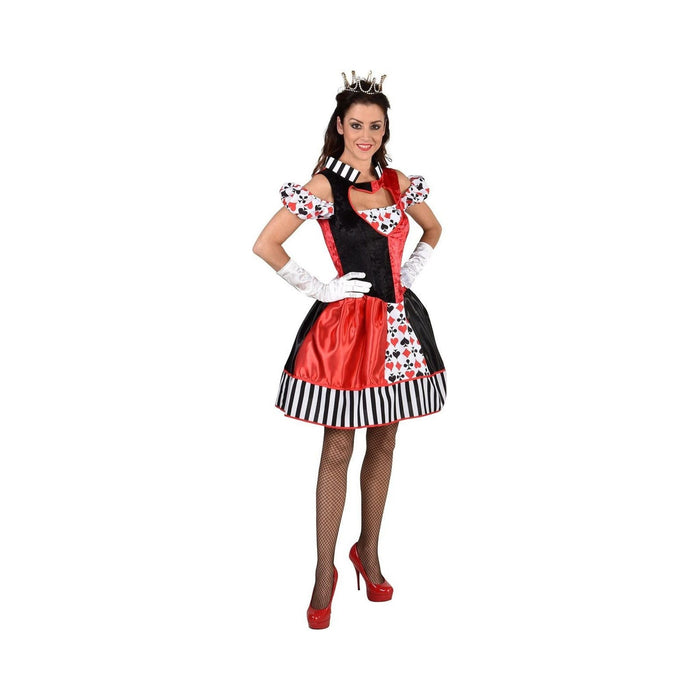 Disfraz de reina de cartas para mujer, vestido corto rojo y negro con figuras de naipes y falda a rayas