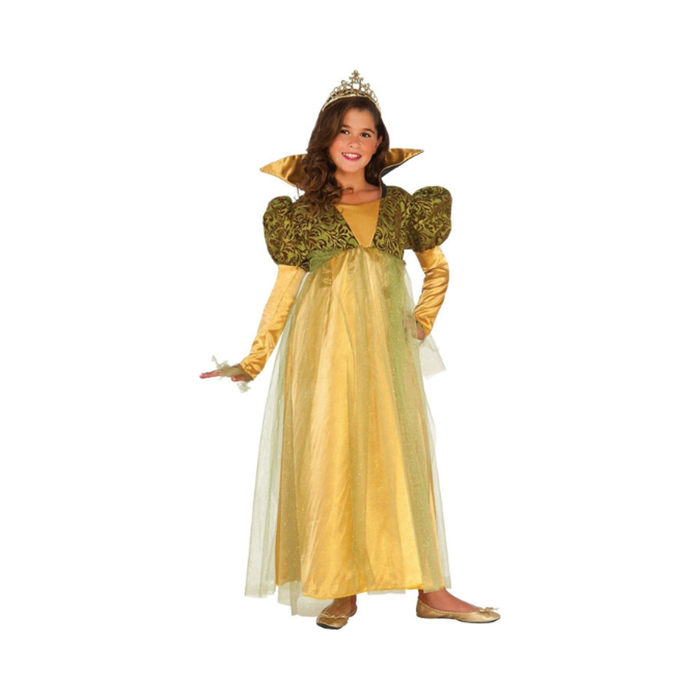 Disfraz de Reina del Bosque para niña, vestido largo dorado con tul, cuello alto y mangas abullonadas