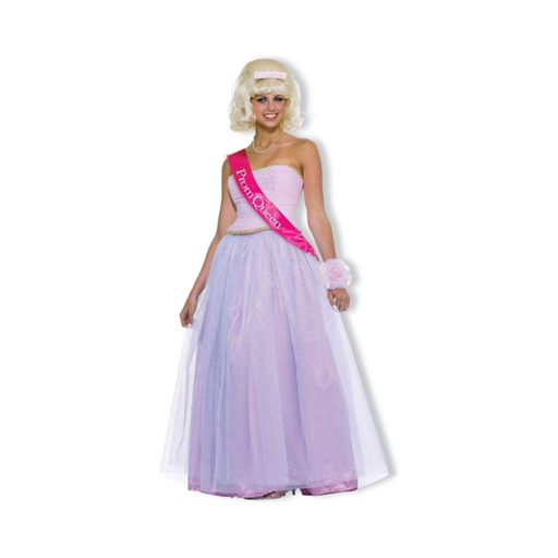 Disfraz Reina de Graduación años 50 para mujer, vestido rosado de tul con banda fucsia Prom Queen y ramillete