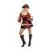 Mujer con disfraz de reina pirata, vestido rojo y negro con sombrero