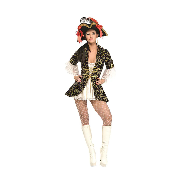 Disfraz de reina pirata para mujer con vestido corto negro y blanco con bordados dorados
