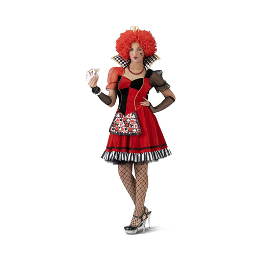 Disfraz de reina roja de cartas para mujer, vestido corto rojo y negro con cuello alto y detalles de naipes