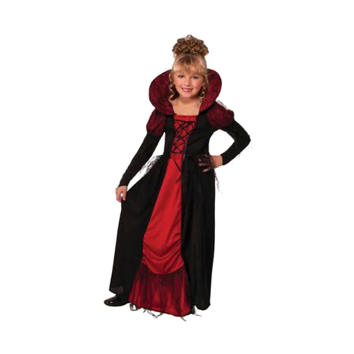 Disfraz de reina vampiresa para niña, vestido largo negro y rojo con cuello alto