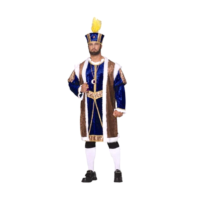 Disfraz de rey Enrique VIII para hombre con túnica azul y dorada, chaleco café con borde blanco y sombrero con pluma amarilla