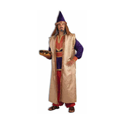 Hombre con disfraz de rey mago, túnica morada y roja, chaleco largo dorado y sombrero en punta con joya