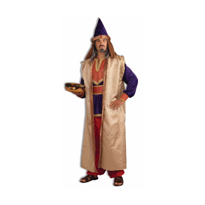 Hombre con disfraz de rey mago, túnica morada y roja, chaleco largo dorado y sombrero en punta con joya