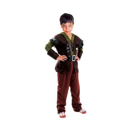 Disfraz Robin Hood niño, polera verde con capucha, chaleco café con hebillas, cinturón negro y pantalón café