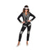 Disfraz de rockera espacial para mujer, blusa y pantalón negros con detalles plateados acolchados