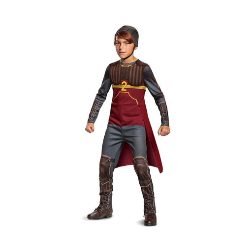 Disfraz de Ron Weasley Quidditch para niño, traje rojo y gris con capa y casco