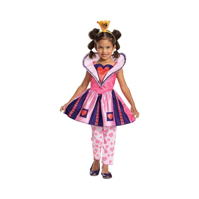 Disfraz de Rosa Corazón para niña, vestido rosa y morado con cuello de corazón, calzas con corazones y tocado dorado