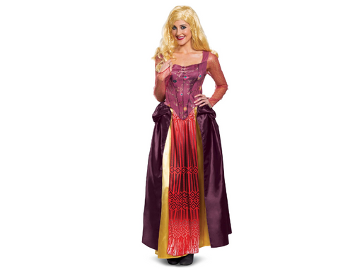 Disfraz de Sarah Sanderson de Hocus Pocus para mujer, corpiño morado con mangas de malla y falda morada y roja