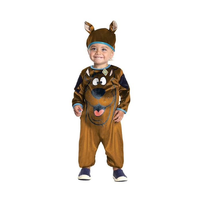 Disfraz de Scooby Doo para guagua, enterito café con la cara de Scooby y gorro con orejas