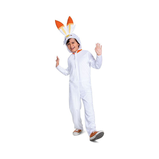 Disfraz de Scorbunny Pokémon infantil, enterito blanco con capucha y orejas
