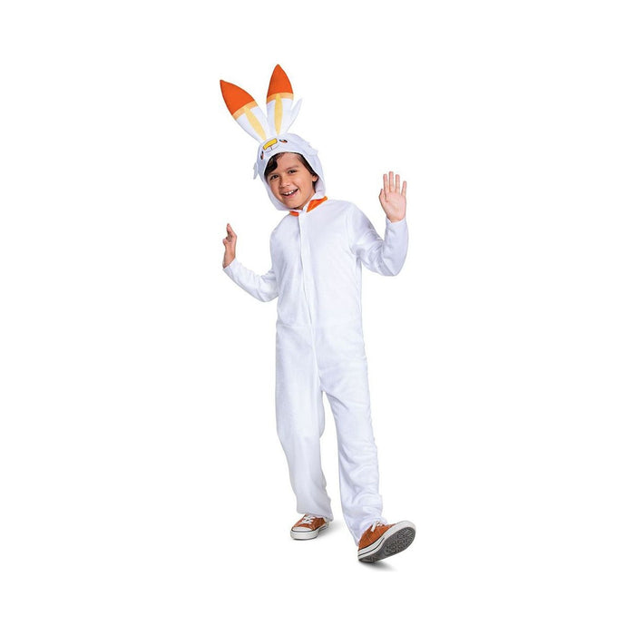 Disfraz de Scorbunny Pokémon infantil, enterito blanco con capucha y orejas