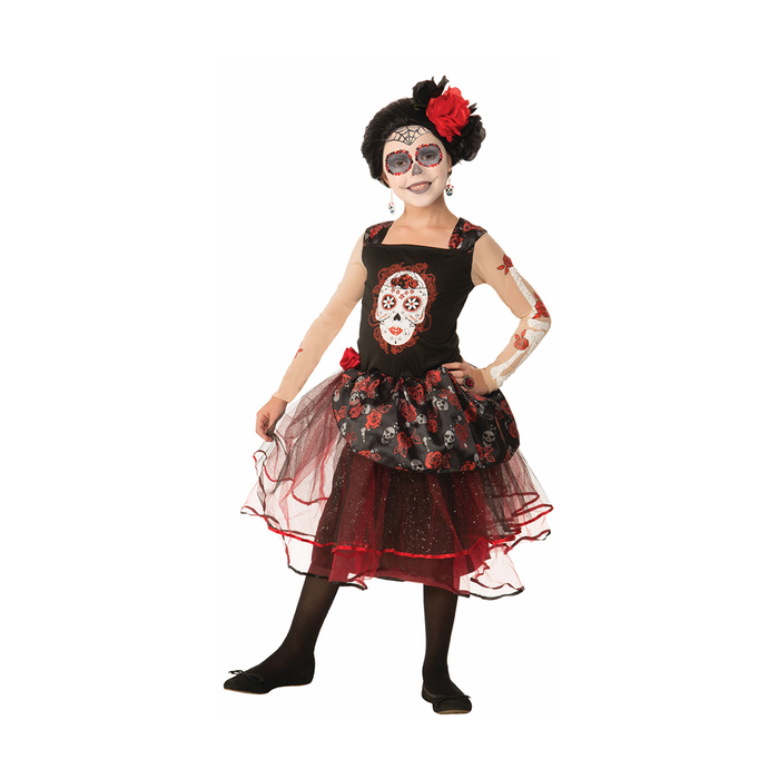 Disfraz de señorita calavera para niña, vestido negro con calavera en el pecho y falda de rosas sobre tul rojo
