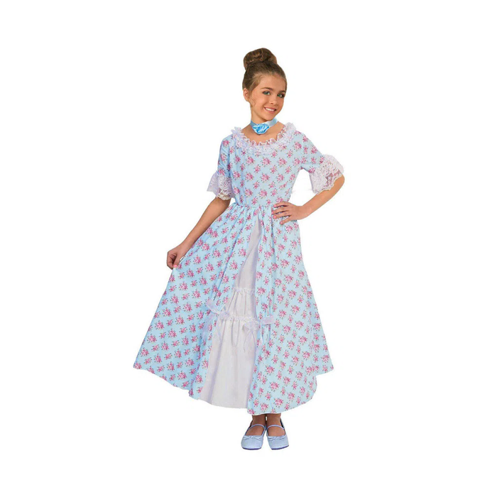 Niña con vestido largo de dama colonial con estampado floral