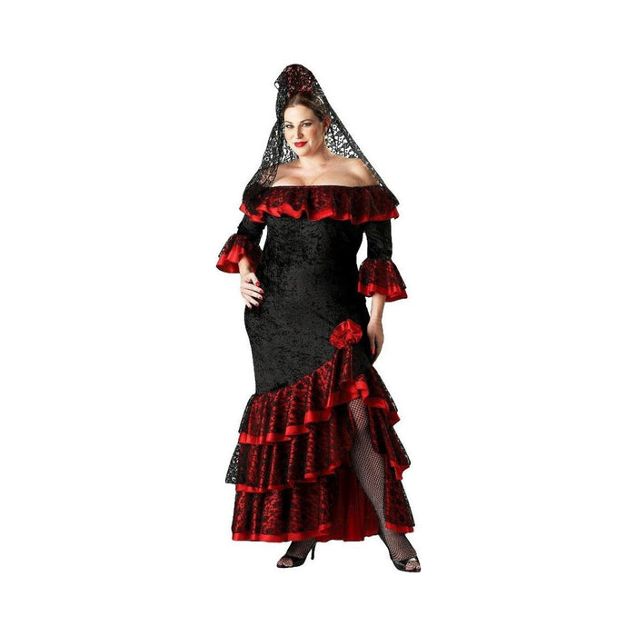 Disfraz de señorita para mujer talla plus, vestido negro con volados rojos, tocado con velo