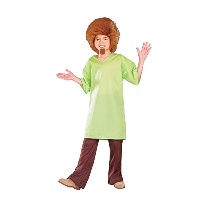 Niño con disfraz de Shaggy de Scooby-Doo: polera verde holgada, pantalón café, peluca y barba