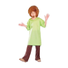 Niño con disfraz de Shaggy de Scooby-Doo: polera verde holgada, pantalón café, peluca y barba