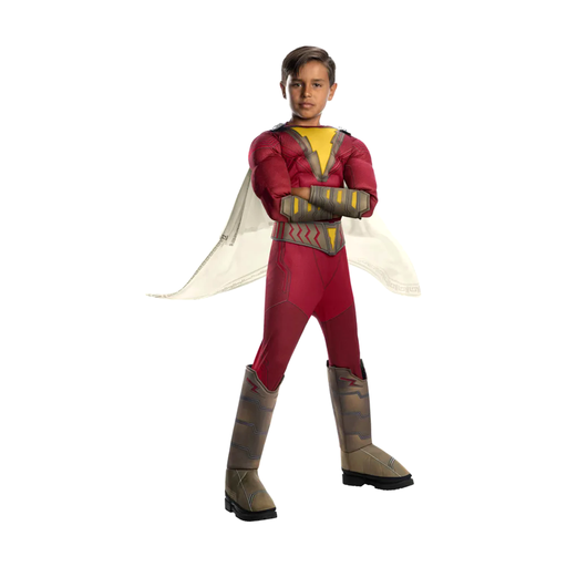 Disfraz de Shazam Deluxe para niño con enterito rojo acolchado, cinturón y capa blanca