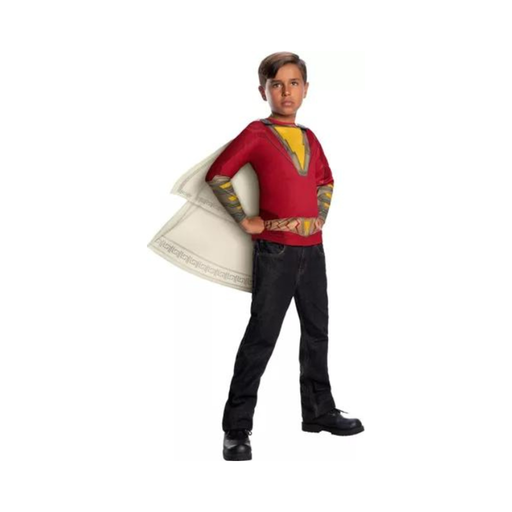 Disfraz de Shazam para niño, polera roja con rayo dorado en el pecho y capa blanca