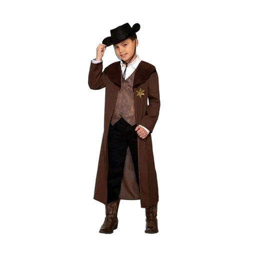 Disfraz de sheriff para niño con abrigo largo café, chaleco, sombrero negro y placa