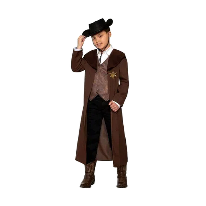 Disfraz de sheriff para niño con abrigo largo café, chaleco, sombrero negro y placa