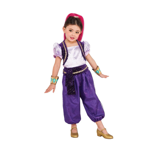 Niña con disfraz de Shimmer genio con pantalón morado