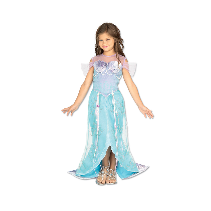 Disfraz de sirena para niña con vestido largo celeste y lila, top con conchas y hombros de tul
