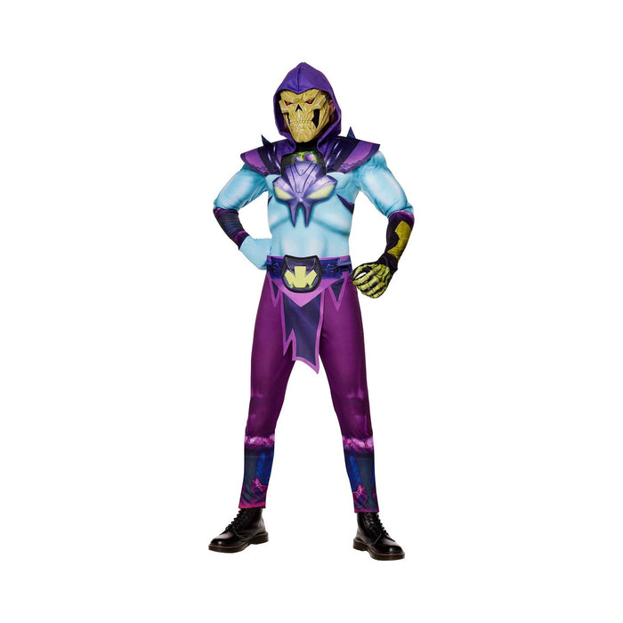 Disfraz de Skeletor para niño, enterito celeste y morado con capucha y máscara de calavera amarilla